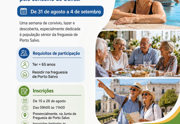 Flyer Porto Salvo Verão +65 promove uma semana de convívio, bem-estar e descoberta