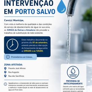 agua Interrupção temporária do abastecimento de água em Porto Salvo – 1 de setembro