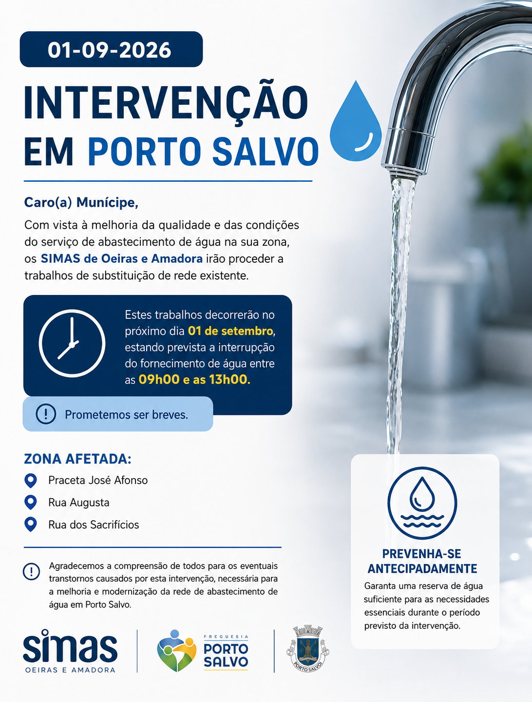 agua Interrupção temporária do abastecimento de água em Porto Salvo – 1 de setembro